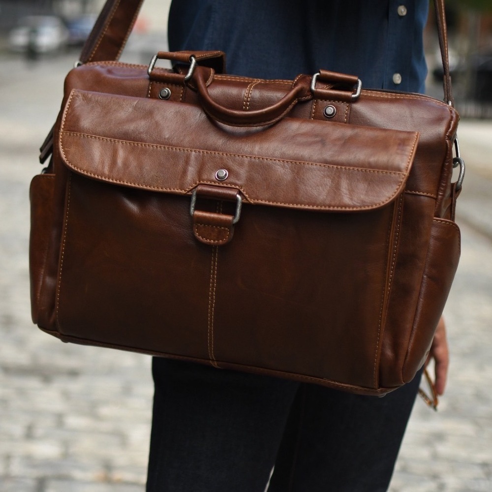 Jack Georges Voyager Top Zip Briefcase Brown Leather Laptop Messenger Bag NWT